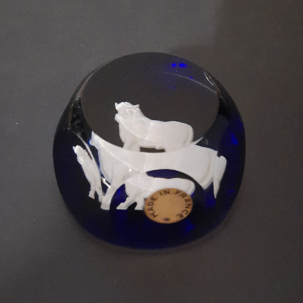 Vintage Baccart Tarus Zodiac Sulfide Dark Blue Crystal Paperweight.